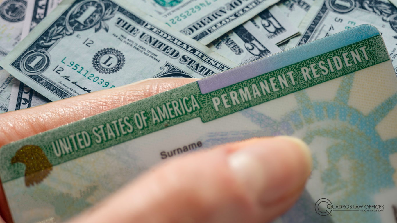 Close up view of Fragment of Permanent resident card (Green) card of USA on blurred background.
